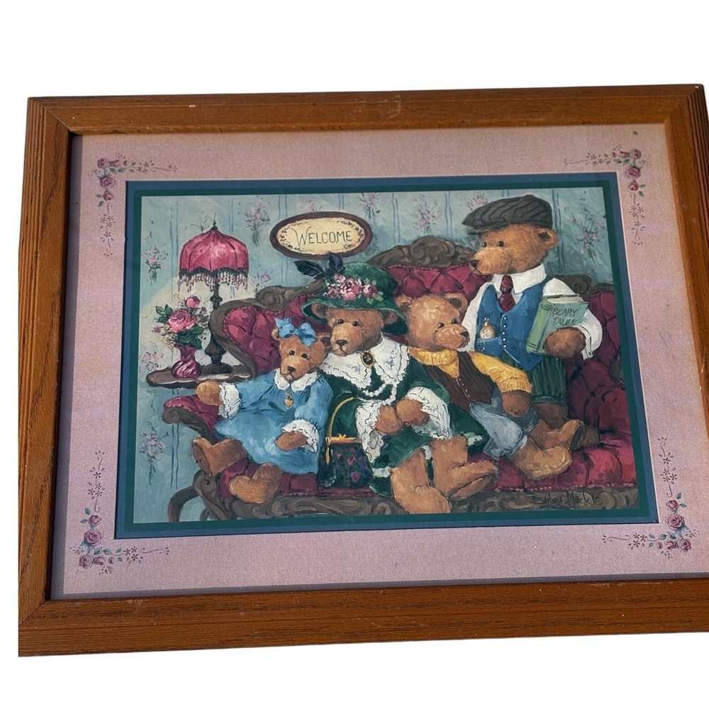 Barbara Mock Vintage Framed Teddy Bear Family Art Print Wood Frame 20x16 Welcome